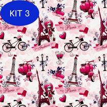 Kit 3 Papel De Parede Lambreta Rosa Paris Bicicleta Taça Love Amor