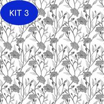 Kit 3 Papel Parede Floral Flores Cinza Adesivo Quarto Casal Sala