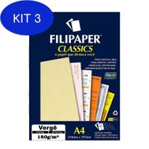 Kit 3 Papel Vergê Creme A4 210X297Mm 180G/M² Filipaper 50 Folhas