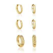 Kit 3 Pares de Brinco de Argola Em Ouro 18k Trabalhada Diamantada