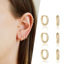 Kit 3 Pares de Brinco Trio de Argola Em Ouro 18k Com Zircônias