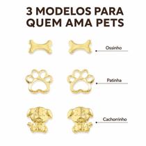 Kit 3 Pares de Brincos Dourados Pet com Ossinho, Patinha e Cachorrinho Kit 3 Pares de Brincos Dourados Pet com Ossinho, Patinha e Cachorrinho