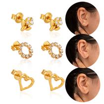 Kit 3 Pares de Brincos Femininos Banhados Flor Bolinha Coração Kit 3 Pares de Brincos Femininos Banhados Flor Bolinha Coração