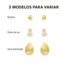 Kit 3 Pares de Brincos Femininos Dourados com Bolinha, Ponto de Luz Gota e Gota Texturizada