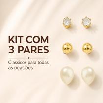 Kit 3 Pares de Brincos Femininos Dourados com Pérola, Ponto de Luz e Bolinha Kit 3 Pares de Brincos Femininos Dourados com Pérola, Ponto de Luz e Bolinha