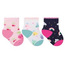 Kit 3 Pares de Meia Selene Recém-Nascido Blister Meninas - Rosa/Branco/Marinho