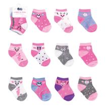 Kit 3 pares de meias infantil para bebê cano curto sortidas 0-6 meses - unik baby