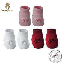 Kit 3 Pares de Sapatinhos com laços em Algodão Egípcio - (Rosa/Branco/Vermelho) - Corujitos