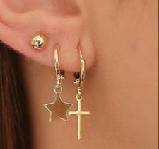 Kit 3 Pares e Brinco Argola com Cruz, Argola com Estrela e Bolinha 3mm