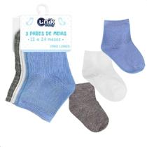 Kit 3 Pares Meia Bebê Colorida Cano Longo Infantil Unik Baby Azul-Cinza-Branco M - 12 a 24 meses