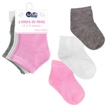 Kit 3 Pares Meia Bebê Colorida Cano Longo Infantil Unik Baby Rosa-Cinza-Branco P - 0 a 6 meses