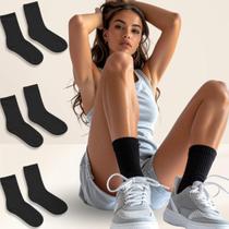 Kit 3 Pares Meia Feminina Cano Médio Preta Respiravel Estilo Tamanho:34-40Cor:Preto