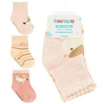 Kit 3 Pares Meias Pimpolho Algodão Antiderrapante Bebê Recém Nascida Menina 00 ao 25 Enxoval