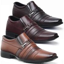 Kit 3 Pares Sapato Social Couro Fran Com Detalhe em Metal e Bico Quadrado