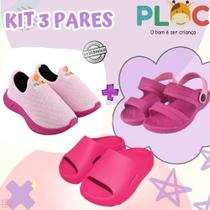 Kit 3 Pares: Tênis Calce Fácil P26 Menina + Papete + Chinelo Ploc - Casual Verão