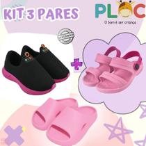 Kit 3 Pares: Tênis Calce Fácil P26 Menina + Papete + Chinelo Ploc - Casual Verão