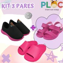 Kit 3 Pares: Tênis Calce Fácil P26 Menina + Papete + Chinelo Ploc - Casual Verão Kit 3 Pares: Tênis Calce Fácil P26 Menina + Papete + Chinelo Ploc - Casual Verão
