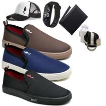 Kit 3 Pares Tênis Slip On Masculino Lona + Carteira + Relógio + Cinto + Meia + Boné
