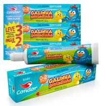 Kit 3 Pasta dente Bebe 0 a 2 anos infantil galinha pintadinha sem Flúor sabor Morango 50g condor kids