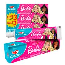 Kit 3 Pasta dente Bebe infantil Barbie OU Hot Wheels sabor Morango 50g condor kids