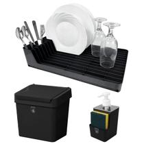 Kit 3 Pç Dispenser Sabonete Líquido + Escorredor de Louça + Lixeira 2,5 Litros Com Tampa Cozinha Preto - Pop Crippa