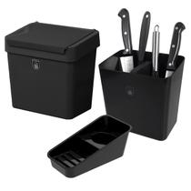 Kit 3 Pç Organizador de Pia + Escorredor Talheres + Lixeira 2,5 Litros Com Tampa Cozinha Preto - Pop Crippa Kit 3 Pç Organizador de Pia + Escorredor Talheres + Lixeira 2,5 Litros Com Tampa Cozinha Preto - Pop Crippa