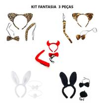 Kit 3 pçs Animais Tiara Gravata Rabo Tigresa onça Diabinha Carnaval Festas Fantasia