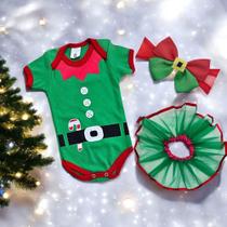 Kit 3 pçs Elfo Natalino Mesversário roupinha de bebê Menina Verde Acessórios Kit 3 pçs Elfo Natalino Mesversário roupinha de bebê Menina Verde Acessórios