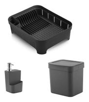 Kit 3 Pçs Escorredor Louça Talher, Lixeira Porta Detergente