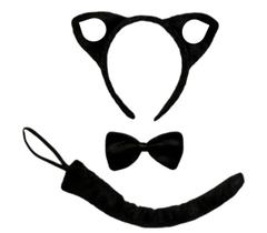 Kit 3 Pçs Gatinha Tiara Gravata Rabo Fantasia Cosplay