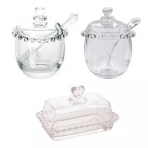 Kit 3 Pçs Meleira Açucareiro Manteigueira Coração Cristal Lyor