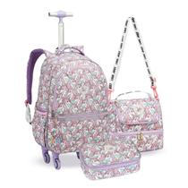 Kit 3 Pçs Mochila de Rodas Lancheira Estojo Material Escolar Feminina Resistente Compacta Estampada Estilosa - Shaolong