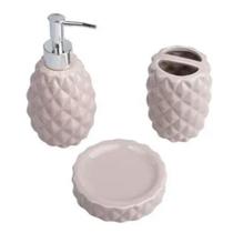 Kit 3 pçs P/ Banheiro em Cerâmica c/ Dosador Porta Sabonete Liquído Escova