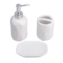 Kit 3 pçs P/ Banheiro em Cerâmica c/ Dosador Porta Sabonete Liquído Escova
