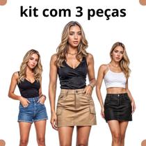 (Kit 3 peças) 1 Shorts Cintura 1 Alta Saia Cargo e 1 Saia Preta