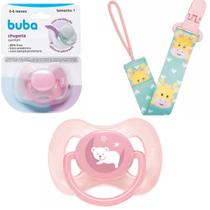 Kit 3 Peças 2 Chupetas Comfort + Prendedor Buba Menina Rosa Kit 3 Peças 2 Chupetas Comfort + Prendedor Buba Menina Rosa