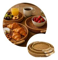 Kit 3 Peças Bandejas Redondas Madeira Rattan Artesanal Vime Kit 3 Peças Bandejas Redondas Madeira Rattan Artesanal Vime