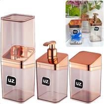 Kit 3 peças banheiro porta escova sabonete liquido algodão rose gold luxo - uz Kit 3 peças banheiro porta escova sabonete liquido algodão rose gold luxo - uz