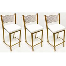 Kit 3 Peças Banqueta Média para Bancada Empilhável cor Dourado Fosco assento branco Altura 65cm
