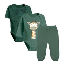 Kit 3 Peças Bebê Body Estampado e Mijão Malha Cores Reativas