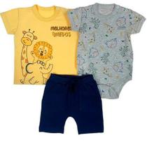 Kit 3 peças bebê camiseta curta amarelo, body mescla estampado bichos e bermuda marinho bolso