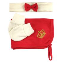 Kit 3 peças bebê - faixa de cabelo cru com laço vermelho, luvas cru e pano de boca vermelho bordado coroa