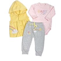Kit 3 peças bebê longo colete com capuz amarelo bordado arco-íris,body rosa bordado baby e calça bebê mescla com cordão bordado arco-íris