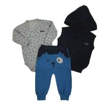 Kit 3 peças bebê longo colete com capuz preto bordado com orelhinhas, body mescla estampado patinhas e calça azul bordado urso