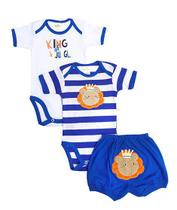 Kit 3 peças body e shorts Best Club Baby azul e branco bordado leão