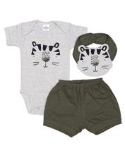 Kit 3 peças body manga curta, shorts e babador Best Club Baby mescla claro e verde com bordado tigre