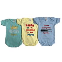Kit 3 Peças Body Menino Menina Estampada Bebê Cores Sortidas Temática Manga Curta Malha Canelada