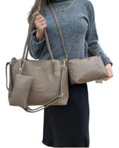 Kit 3 Peças Bolsa Feminina Com Alça Trançada Cáqui Lisa Níquel