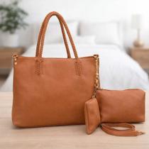 Kit 3 Peças Bolsa Feminina Com Alça Trançada Caramelo Lisa Níquel