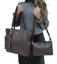 Kit 3 Peças Bolsa Feminina Com Alça Trançada - Marrom Kit 3 Peças Bolsa Feminina Com Alça Trançada - Marrom